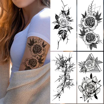 Atsparus vandeniui laikina tatuiruotė lipdukai black snake gėlių netikrą tatuiruotę lipdukai moterų dot rožė, bijūnas, rankos, kojos 