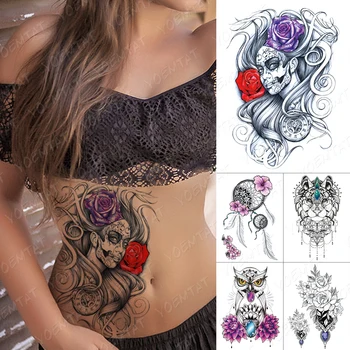 Atsparus vandeniui Laikina Tatuiruotė Lipdukai Rose Grožio Pelėdos Plunksna Perlas Body Art 3D Seksualus Netikrą Tatuiruotę Vyrai Moterys Pilvo Perdavimo Tatuiruotės